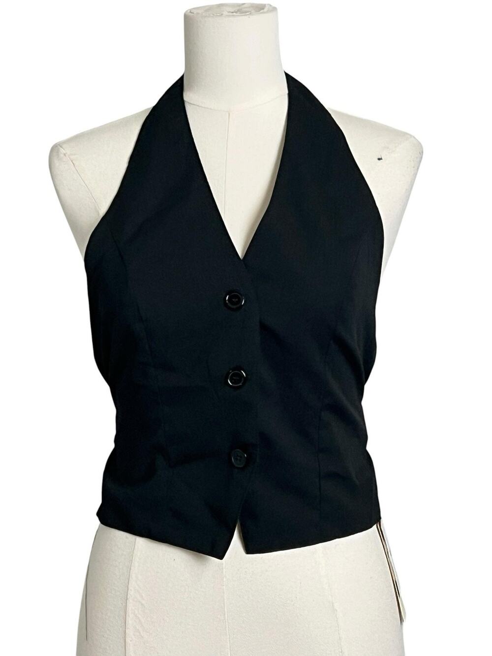 Commense Halter Top Womens Large Black Button Up Cropped Open Back Vest